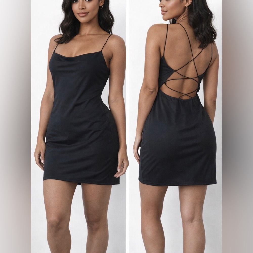 Black Cowl Neck Lace-Up Back Mini Dress